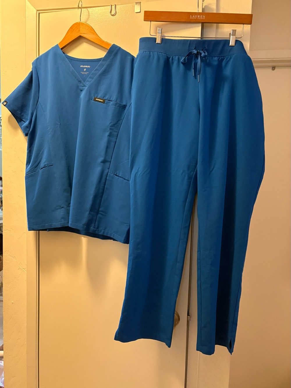 Scrub Set NEW Jaanuu V-Neck Top L Pant XL Drawstring Nurse Blue Pockets
